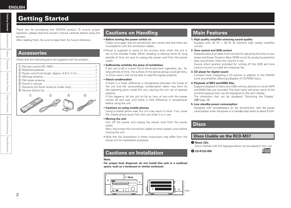 Getting started, Discs usable on the rcd-m37 | Denon RCD-M37 User Manual | Page 6 / 39