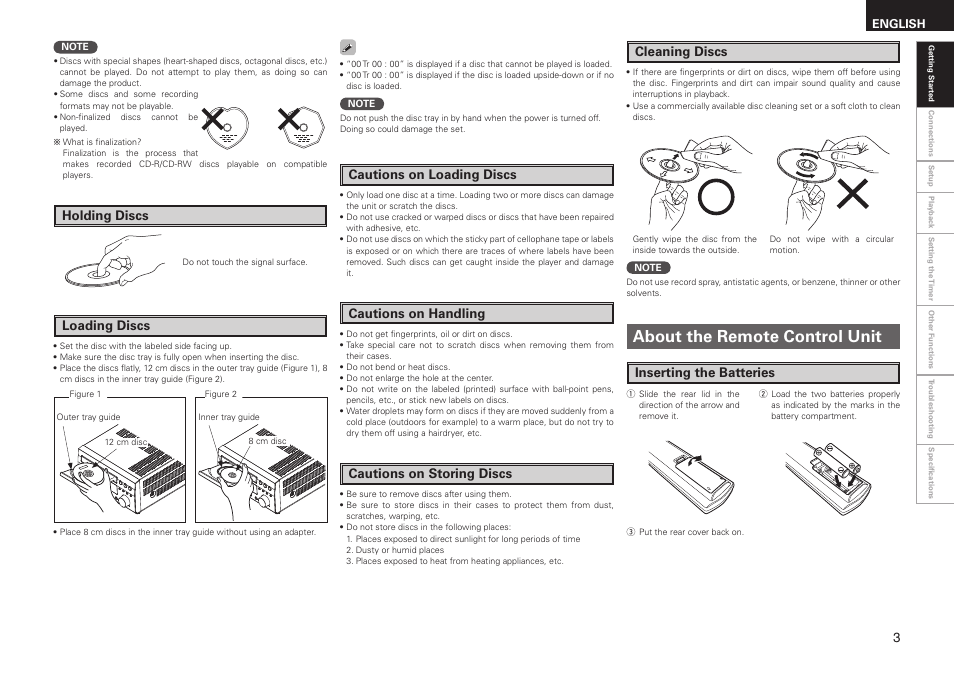 About the remote control unit, Cautions on handling, Cautions on storing discs | Cleaning discs, Cautions on loading discs, Inserting the batteries, Holding discs, Loading discs | Denon RCD-M37 User Manual | Page 7 / 39