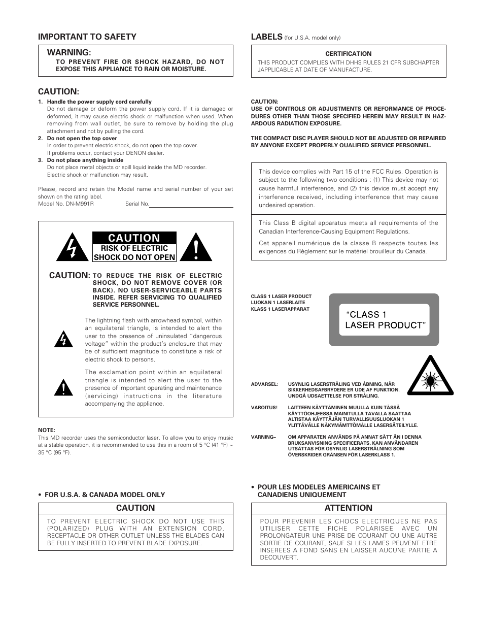 Labels, Caution, Important to safety warning | Attention | Denon DN-M991R User Manual | Page 2 / 41