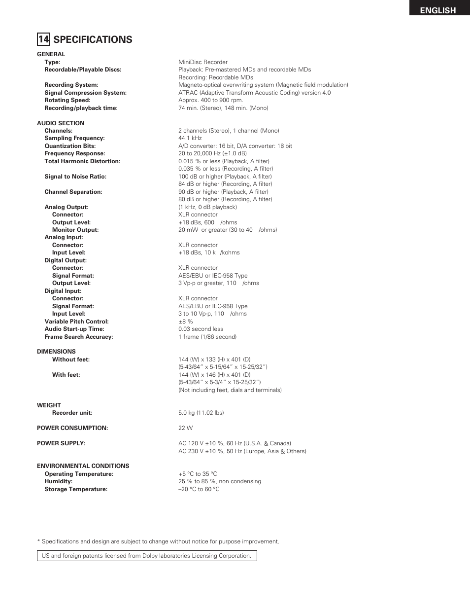 Specifications, English | Denon DN-M991R User Manual | Page 41 / 41