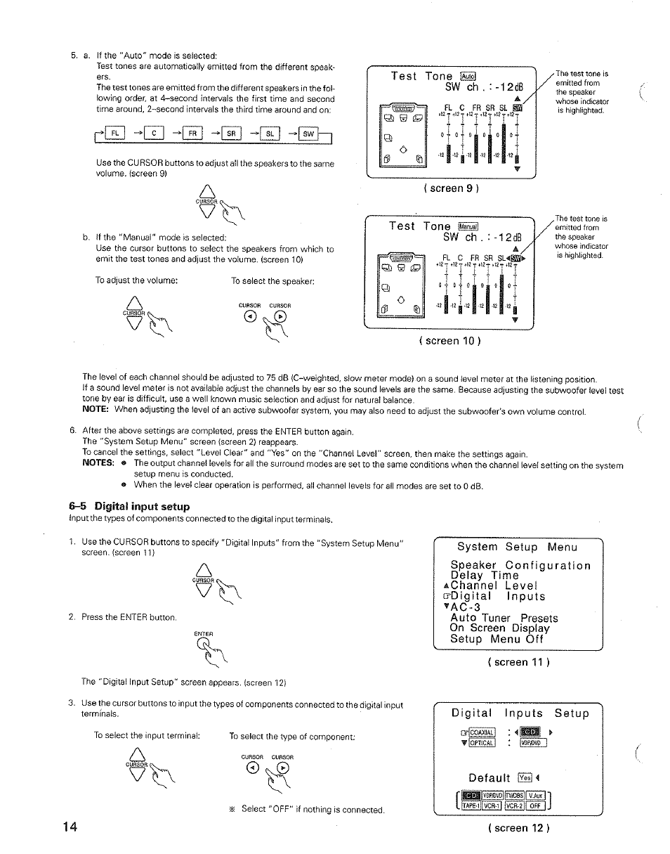 5 digital input setup, Screen 9 ), Screen 11 ) digital inputs setup | Default, Screen 12 ) | Denon AVR-3600 User Manual | Page 14 / 36