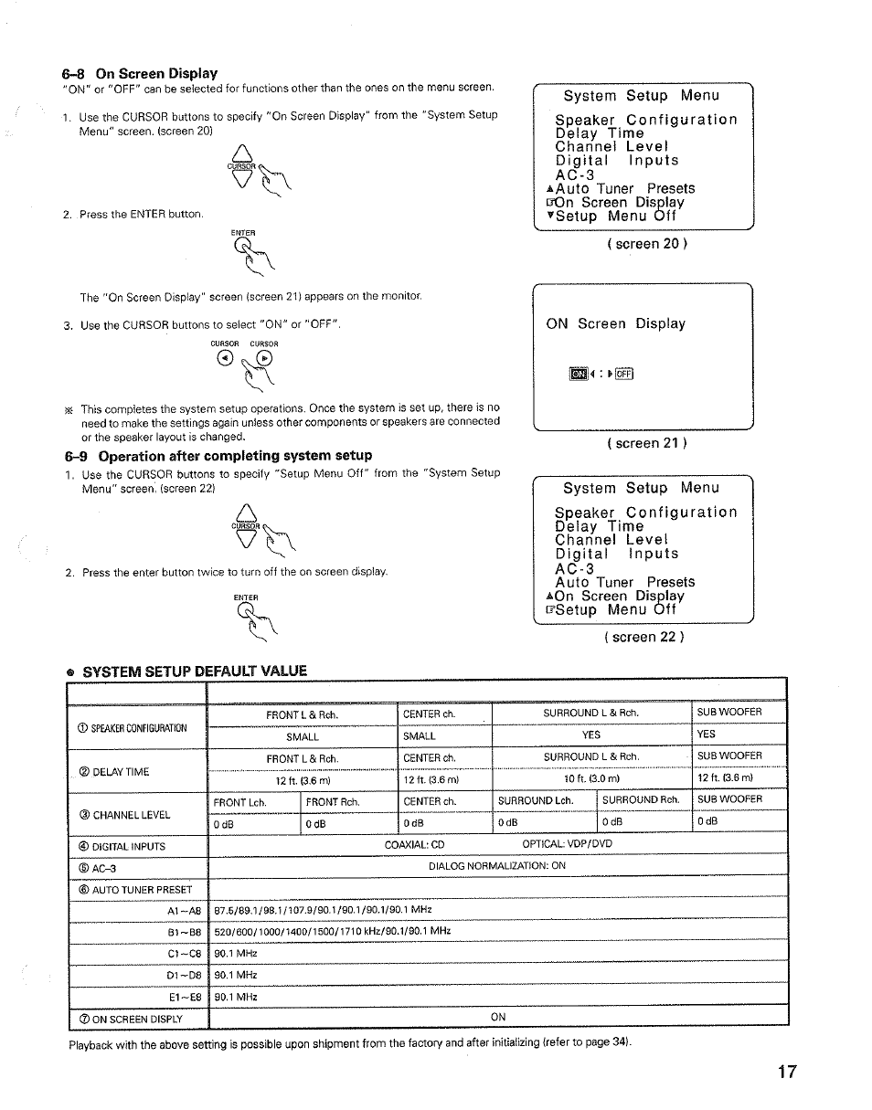 8 on screen display, 6“9 operation after completing system setup, System setup default value | Default, System setup, Value | Denon AVR-3600 User Manual | Page 17 / 36