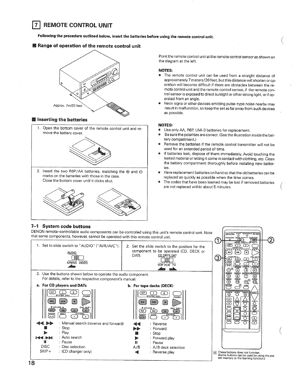 0 remote control unit, M range of operation of the remote control unit, Notes | 1 system code buttons, 0 remote control, Unit, 18 (dtl, I® jo | Denon AVR-3600 User Manual | Page 18 / 36