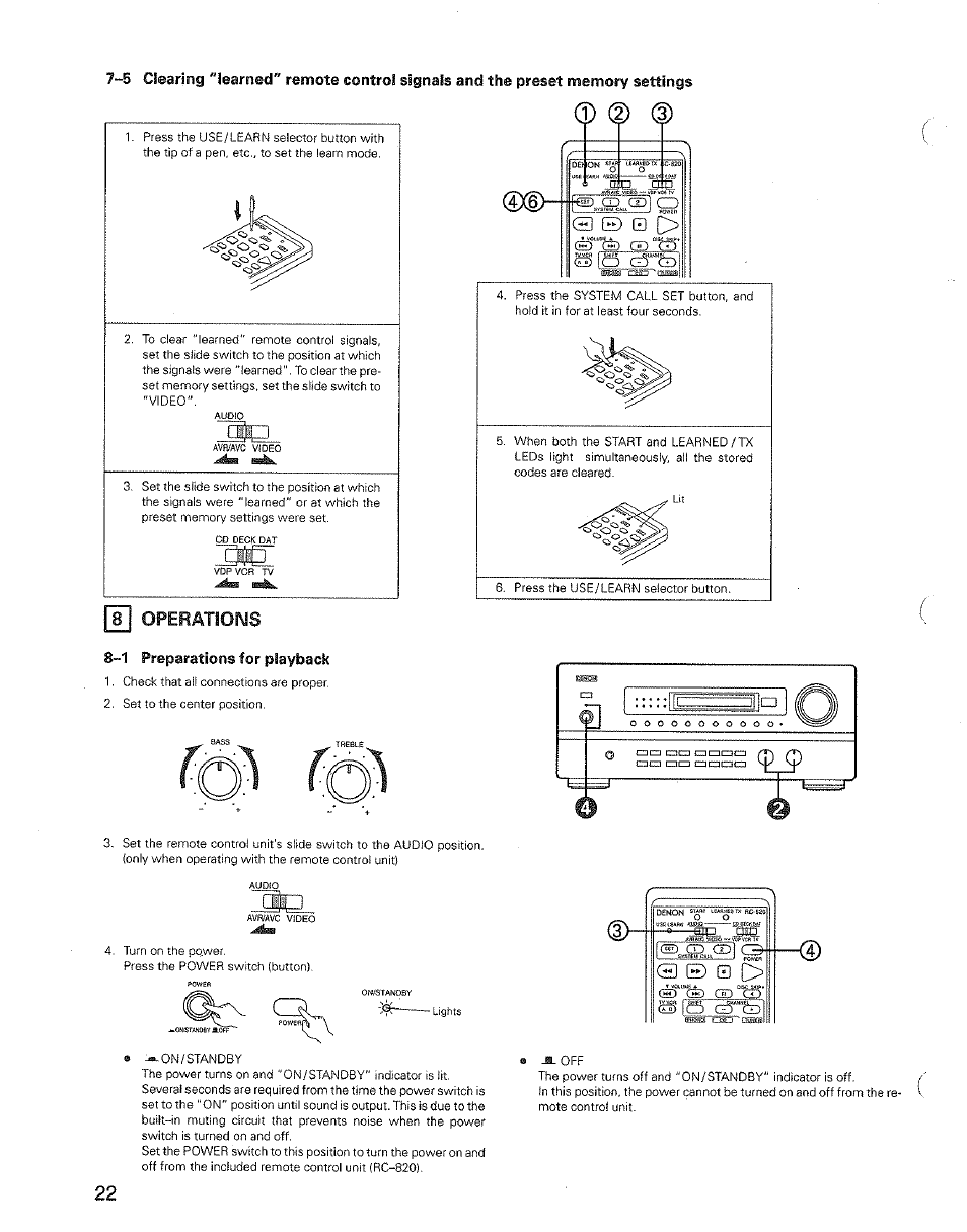 8 operations, 8“1 preparations for playback, Operations —25 | Clearing, Remote control signals | Denon AVR-3600 User Manual | Page 22 / 36