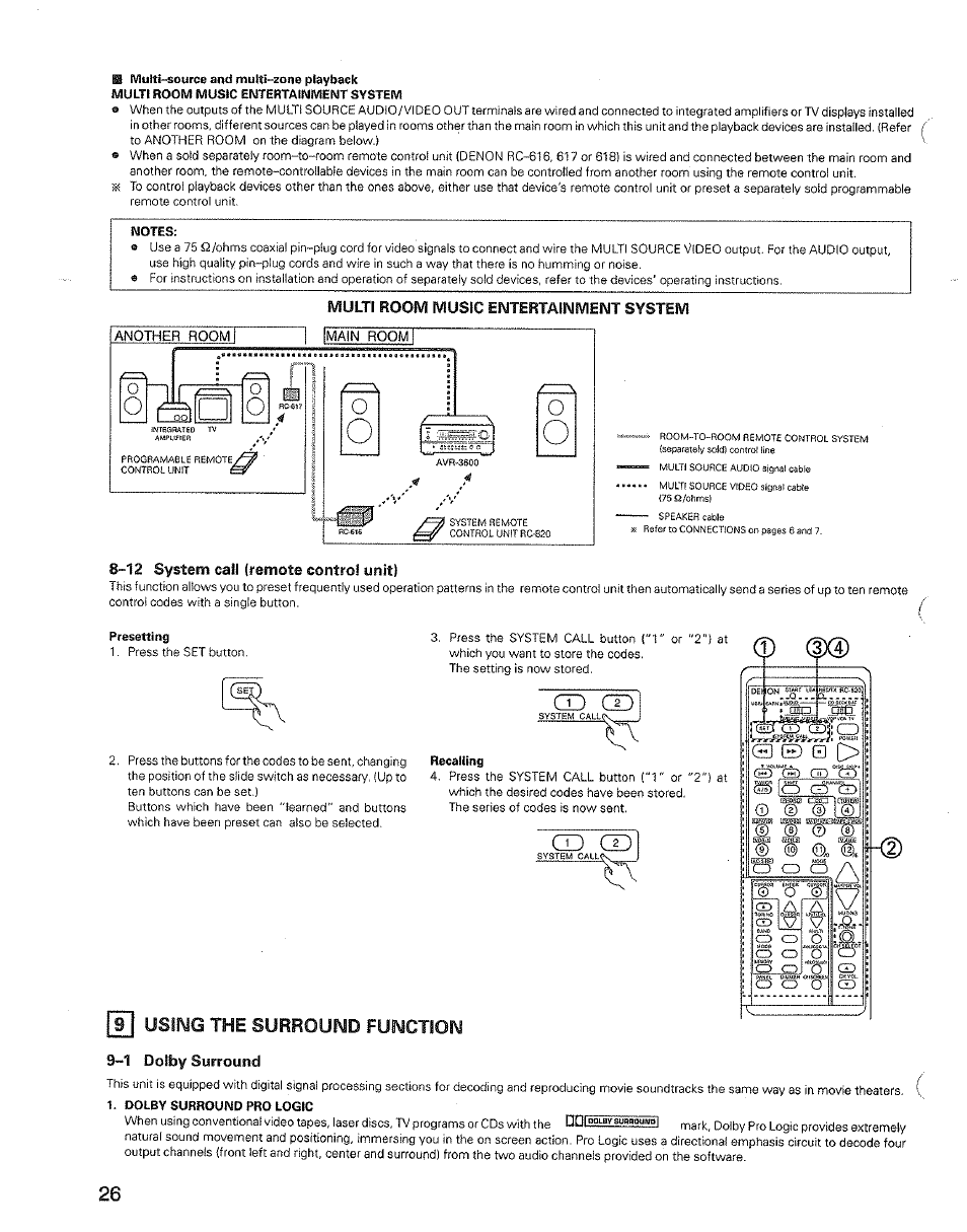 Ш multi-source and multi-zone playback, Multi room music entertainment system, Notes | 12 system call (remote control unit), Presetting, Recalling, Fj using the surround function, 1 dolby surround, Dolby surround pro logic, Using the surround function —32 | Denon AVR-3600 User Manual | Page 26 / 36
