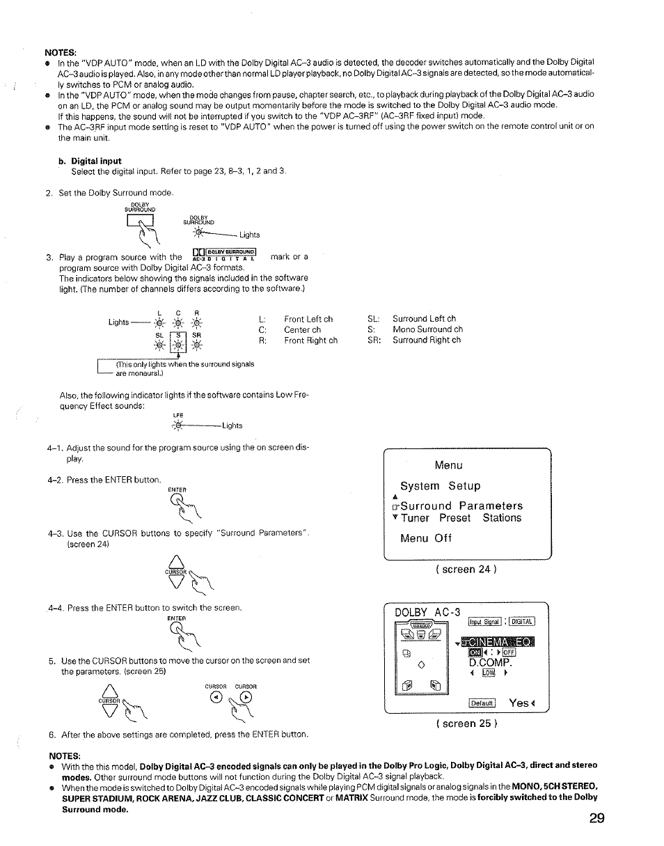 Notes, B. digital input, Screen 24 ) | Screen 25 ), Menu system setup | Denon AVR-3600 User Manual | Page 29 / 36