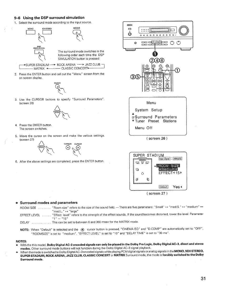 6 using the dsp surround simulation, Screen 27 ), Surround modes and parameters | Notes | Denon AVR-3600 User Manual | Page 31 / 36