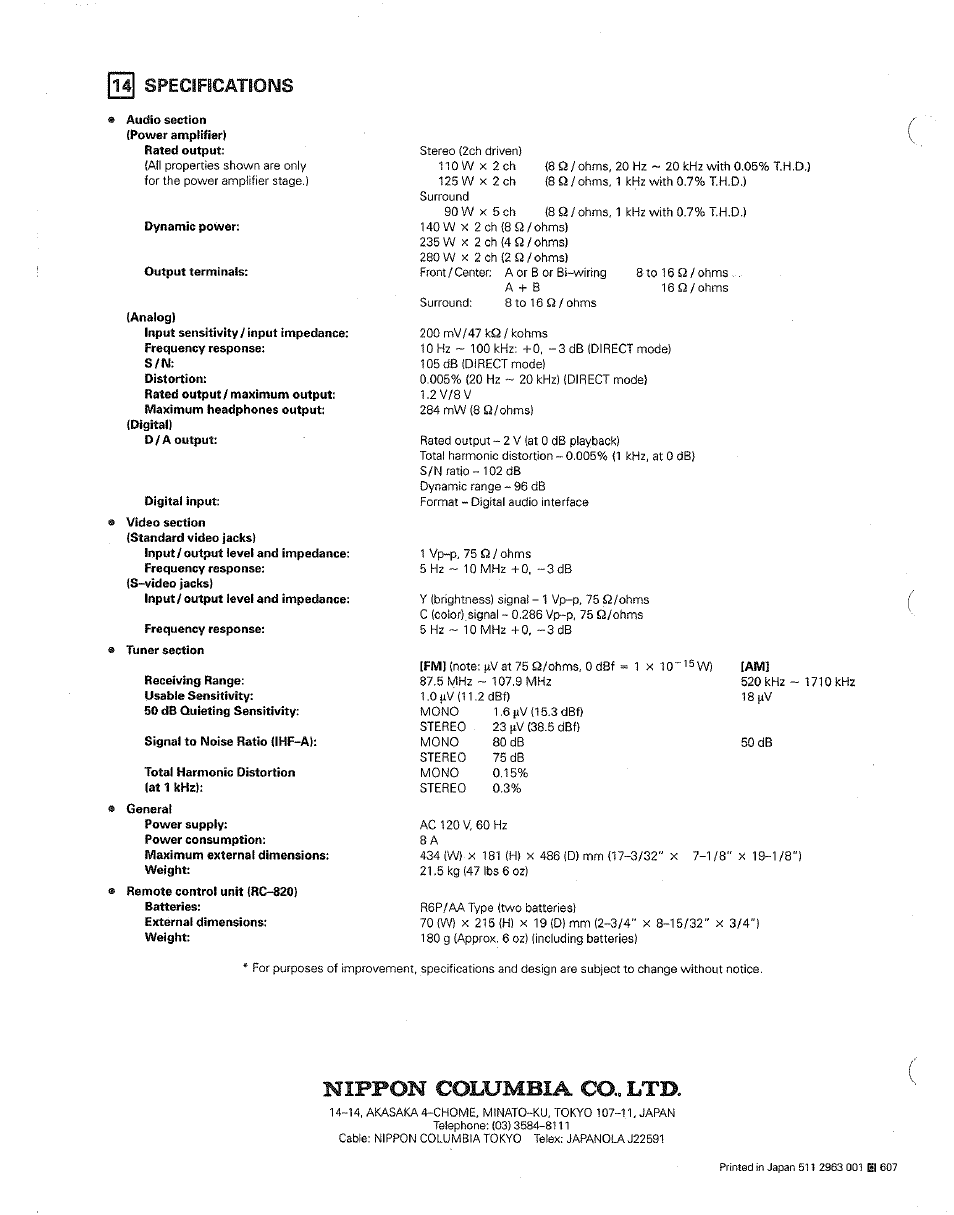 14 specifications, Mipfom columbia co, ltd | Denon AVR-3600 User Manual | Page 36 / 36