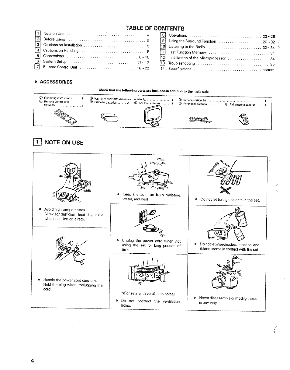 Accessories, Tj note on use, Table of conteimts | Denon AVR-3600 User Manual | Page 4 / 36