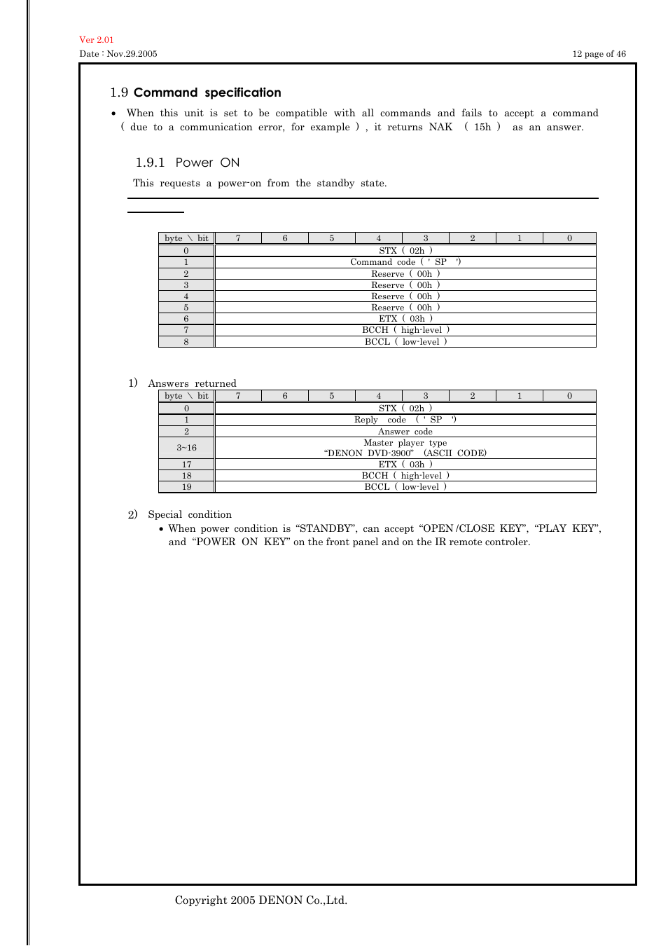 Command specification, Power on | Denon DVD-757 User Manual | Page 12 / 46