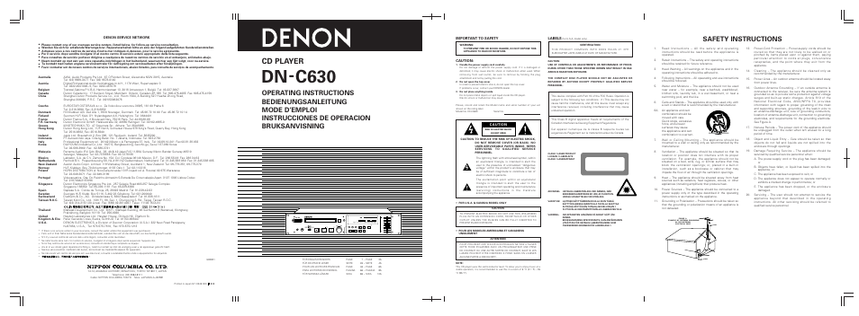 Dn-c630, Cd player, Safety instructions | Class 1 laser product, Important to safety, Labels, Caution | Denon DN-C680 User Manual | Page 3 / 26