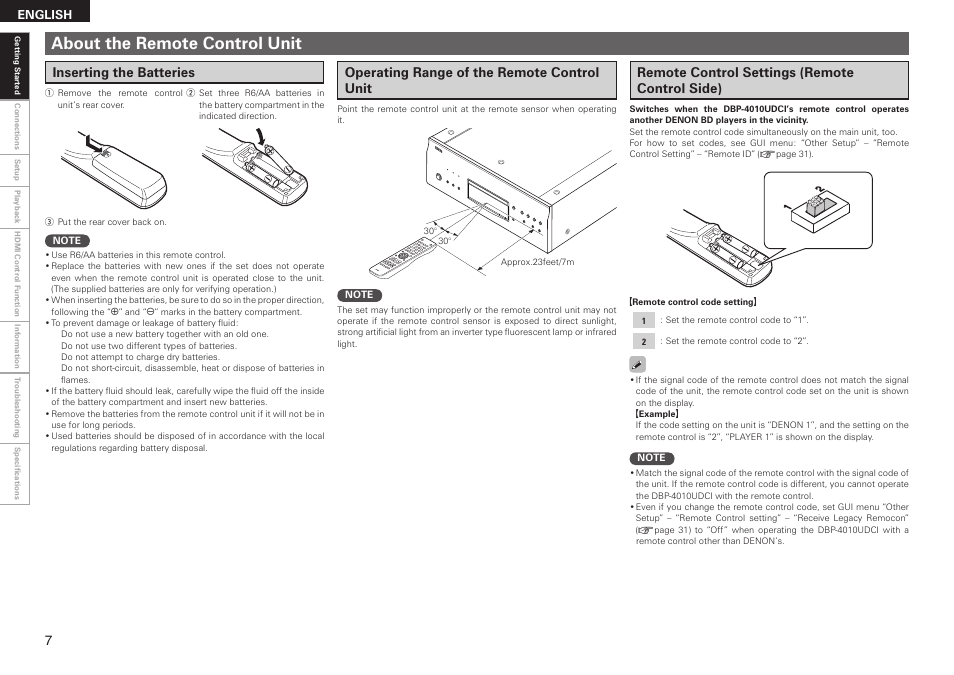About the remote control unit, Inserting the batteries, Operating range of the remote control unit | Remote control settings (remote control side) | Denon DBP 4010UDCI User Manual | Page 10 / 69