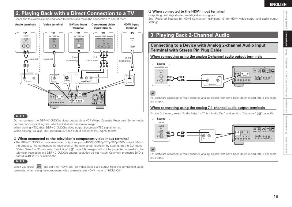 Playing back with a direct connection to a tv, Playing back 2-channel audio, English | When connected to the hdmi input terminal | Denon DBP 4010UDCI User Manual | Page 21 / 69
