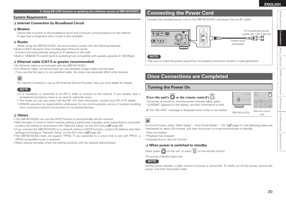 Connecting the power cord, Once connections are completed, Turning the power on | Denon DBP 4010UDCI User Manual | Page 23 / 69