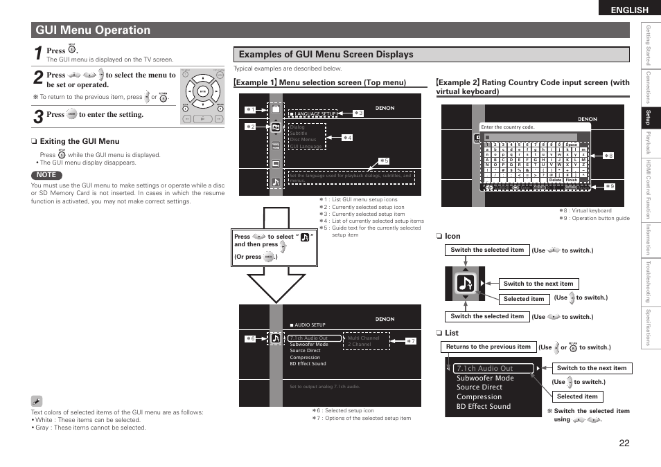 Gui menu operation, Examples of gui menu screen displays, English | Exiting the gui menu, Press, Press to select the menu to be set or operated, Press to enter the setting | Denon DBP 4010UDCI User Manual | Page 25 / 69
