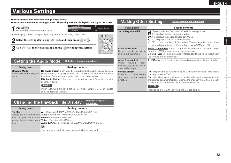 Various settings, Changing the playback file display, Making other settings | Setting the audio mode | Denon DBP 4010UDCI User Manual | Page 35 / 69