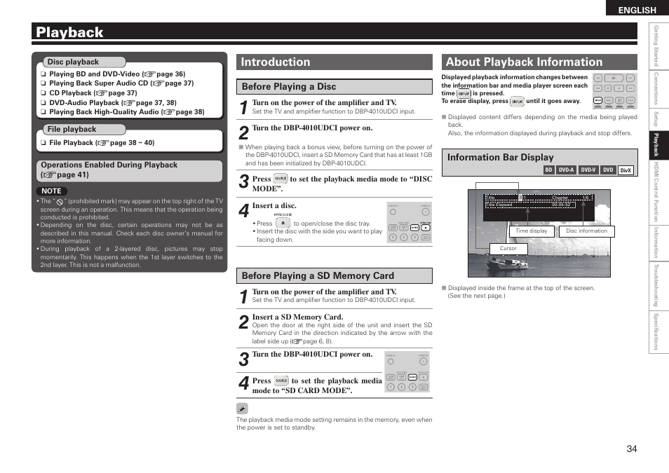 Playback, Introduction, About playback information | Denon DBP 4010UDCI User Manual | Page 37 / 69