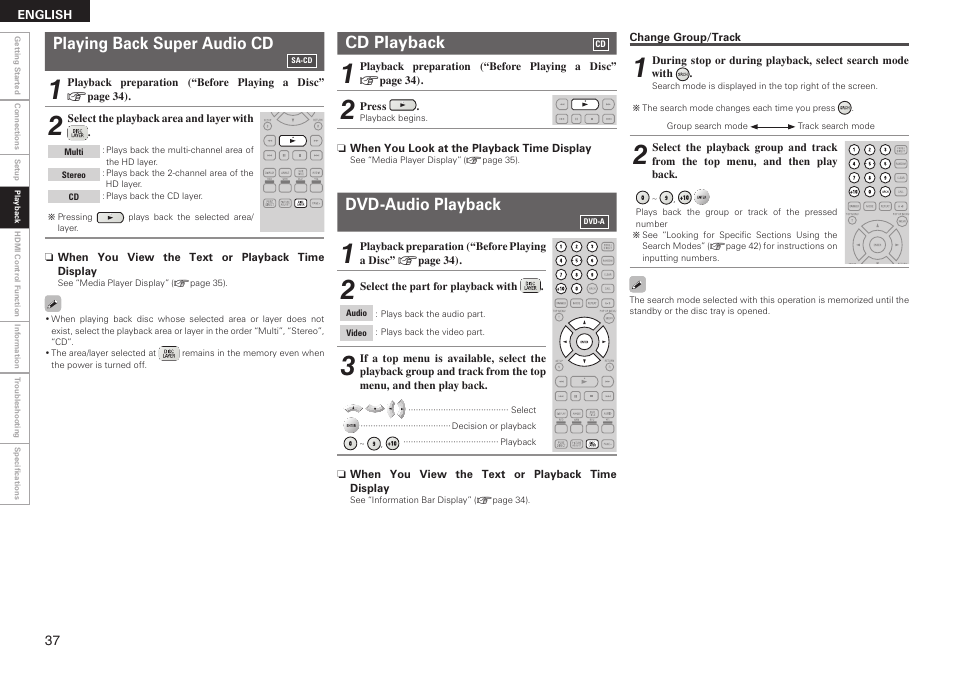 Playing back super audio cd, Cd playback, Dvd-audio playback | Denon DBP 4010UDCI User Manual | Page 40 / 69