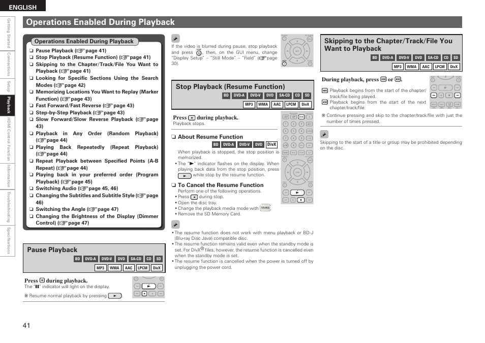 Operations enabled during playback, Pause playback, Stop playback (resume function) | Denon DBP 4010UDCI User Manual | Page 44 / 69