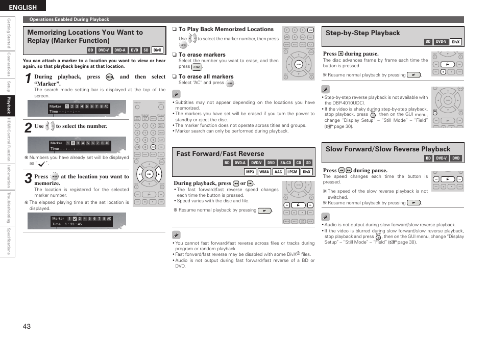 Fast forward/fast reverse, Step-by-step playback, Slow forward/slow reverse playback | Denon DBP 4010UDCI User Manual | Page 46 / 69