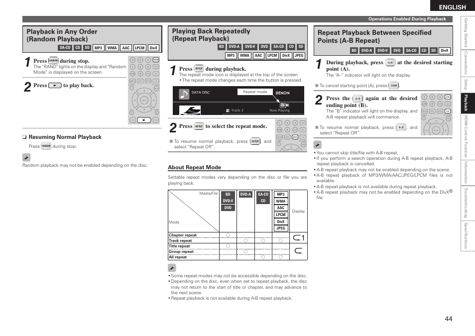 Playing back repeatedly (repeat playback), Playback in any order (random playback) | Denon DBP 4010UDCI User Manual | Page 47 / 69