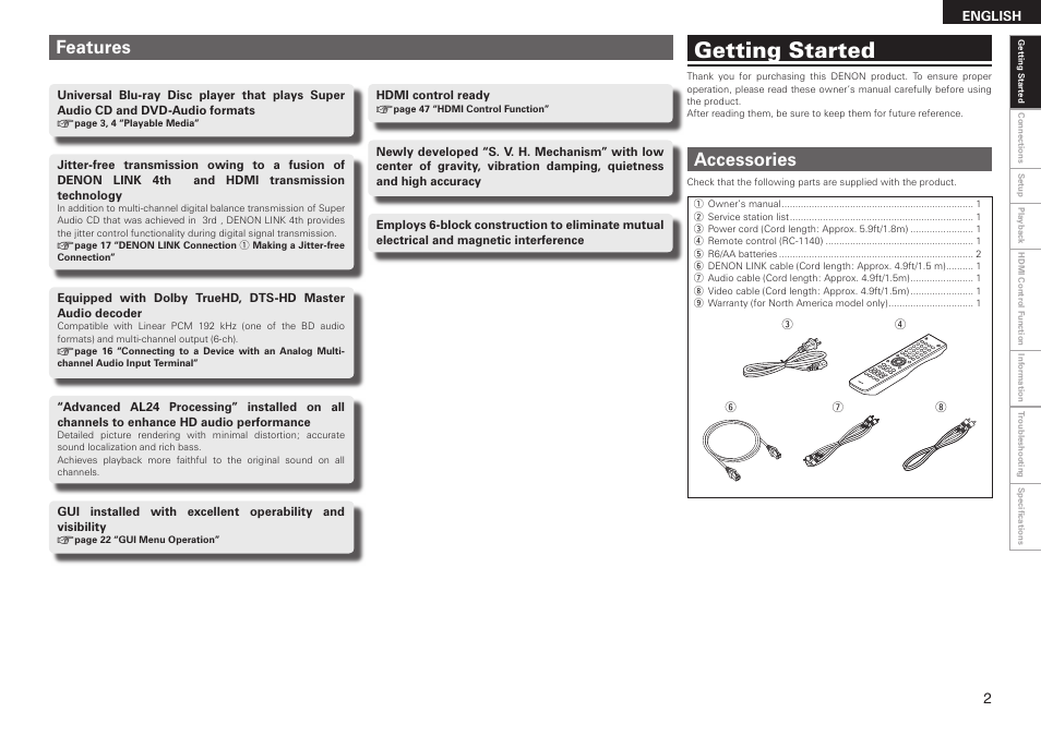 Getting started, Features, Accessories | Denon DBP 4010UDCI User Manual | Page 5 / 69