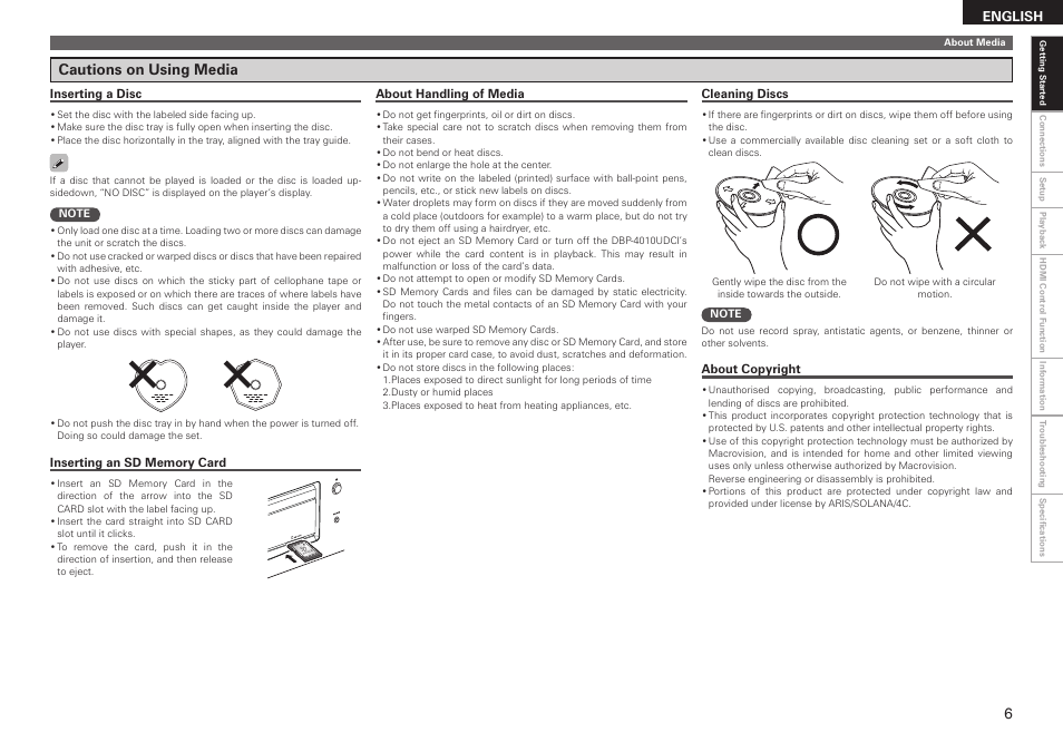 Cautions on using media, English | Denon DBP 4010UDCI User Manual | Page 9 / 69