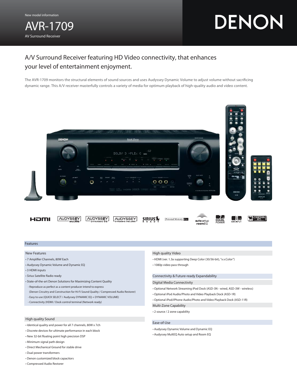 Denon AVR-1709 User Manual | 2 pages