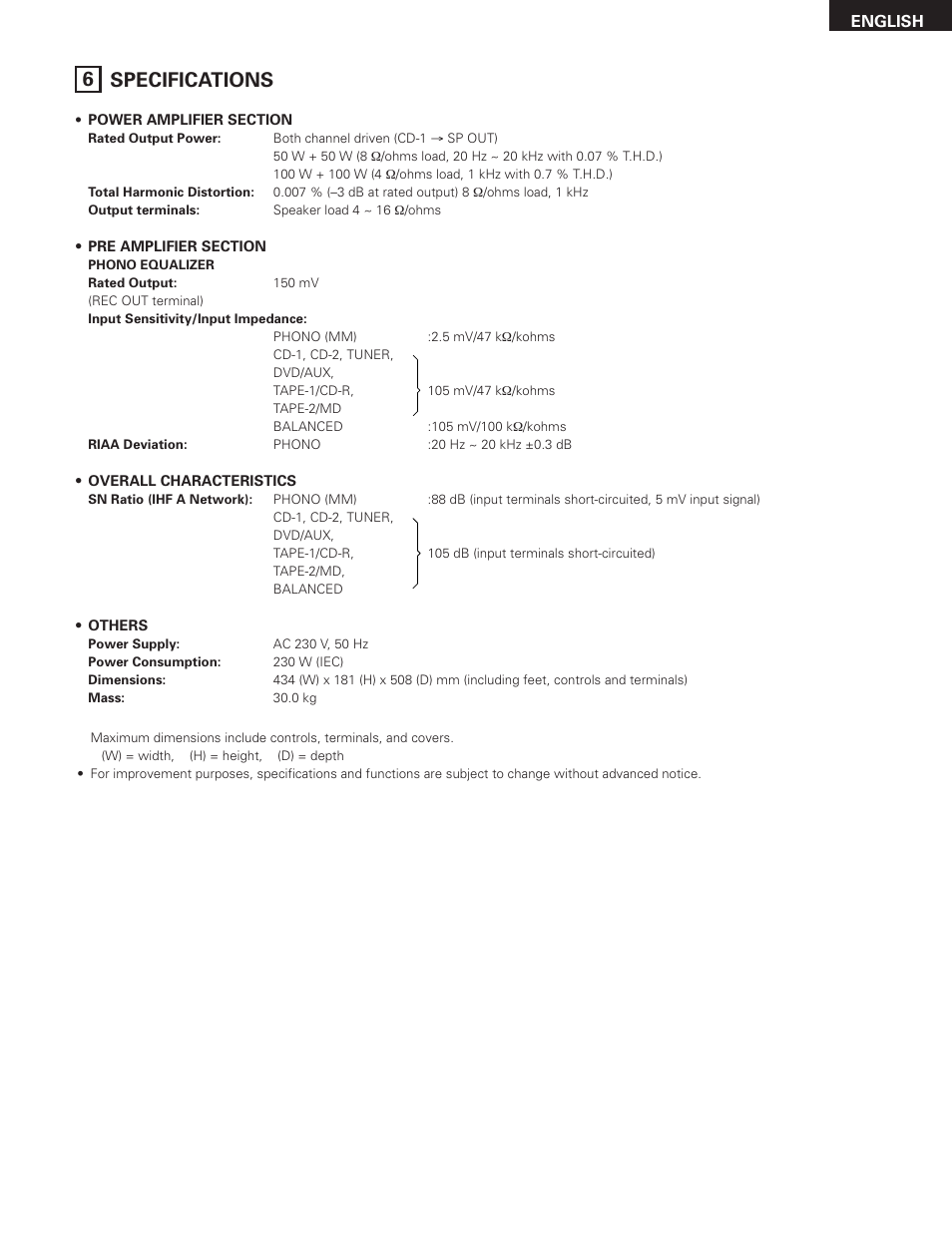 Specifications, 6 specifications | Denon PMA-SA1 User Manual | Page 13 / 76