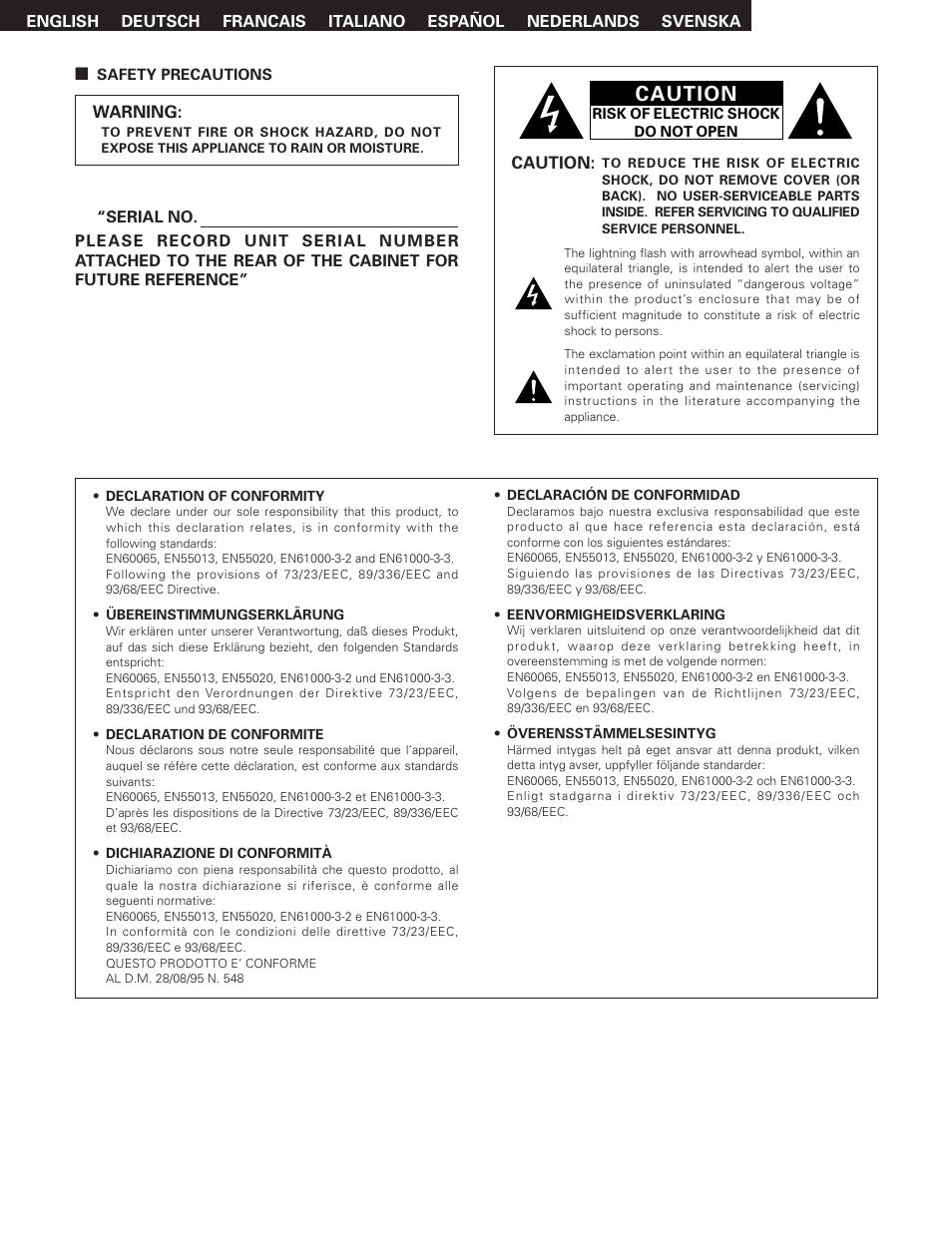 Caution | Denon PMA-SA1 User Manual | Page 2 / 76