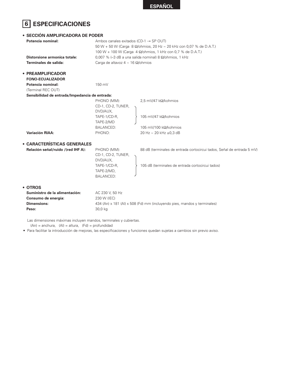 6 especificaciones | Denon PMA-SA1 User Manual | Page 53 / 76