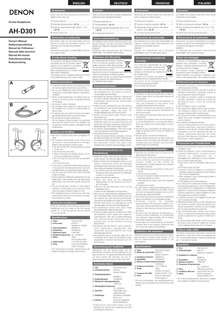 Denon AH-D301 User Manual | 2 pages