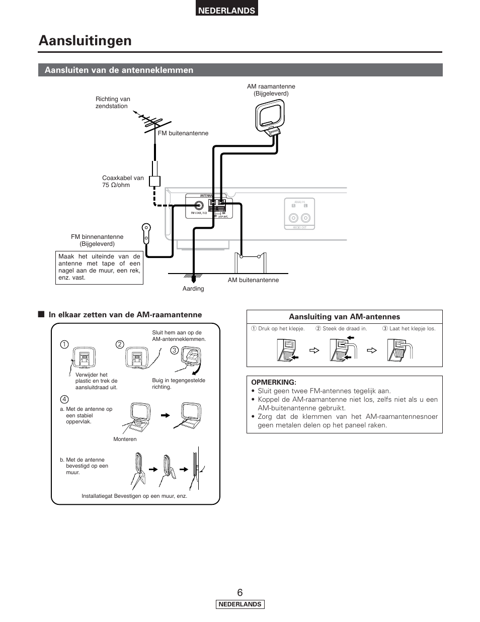 Aansluitingen, Aansluiten van de antenneklemmen | Denon TU-1500AE User Manual | Page 101 / 134