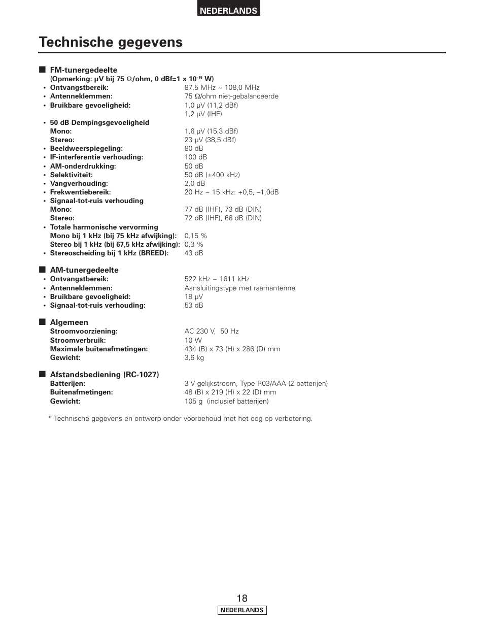 Technische gegevens | Denon TU-1500AE User Manual | Page 113 / 134