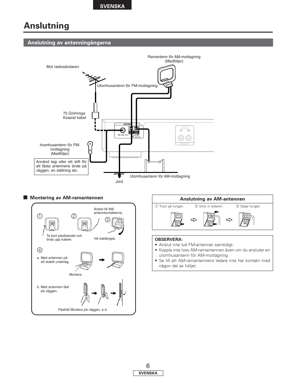 Anslutning, Anslutning av antenningångarna | Denon TU-1500AE User Manual | Page 119 / 134