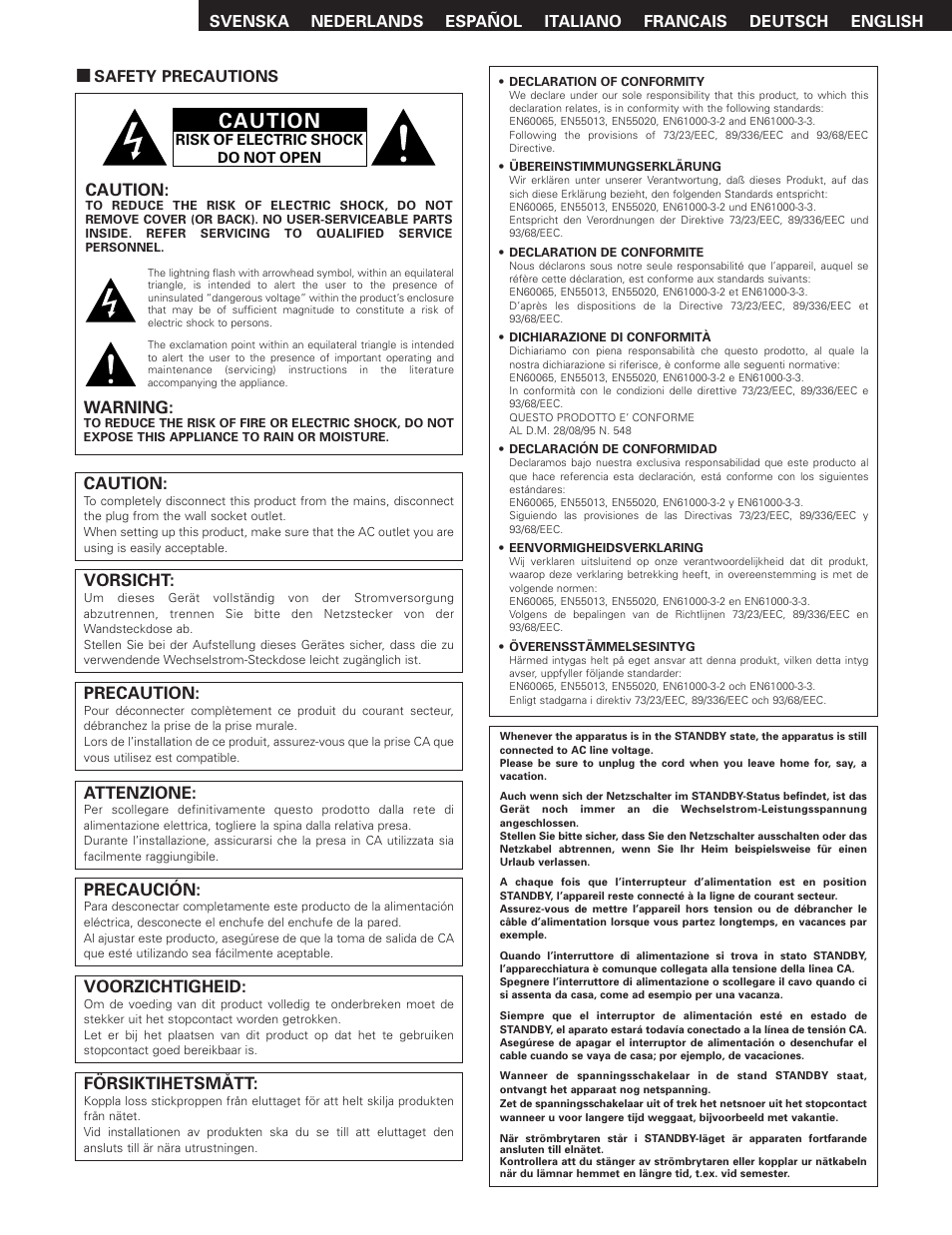 Caution, Warning, Vorsicht | Precaution, Attenzione, Voorzichtigheid, Försiktihetsmått, Precaución | Denon TU-1500AE User Manual | Page 2 / 134