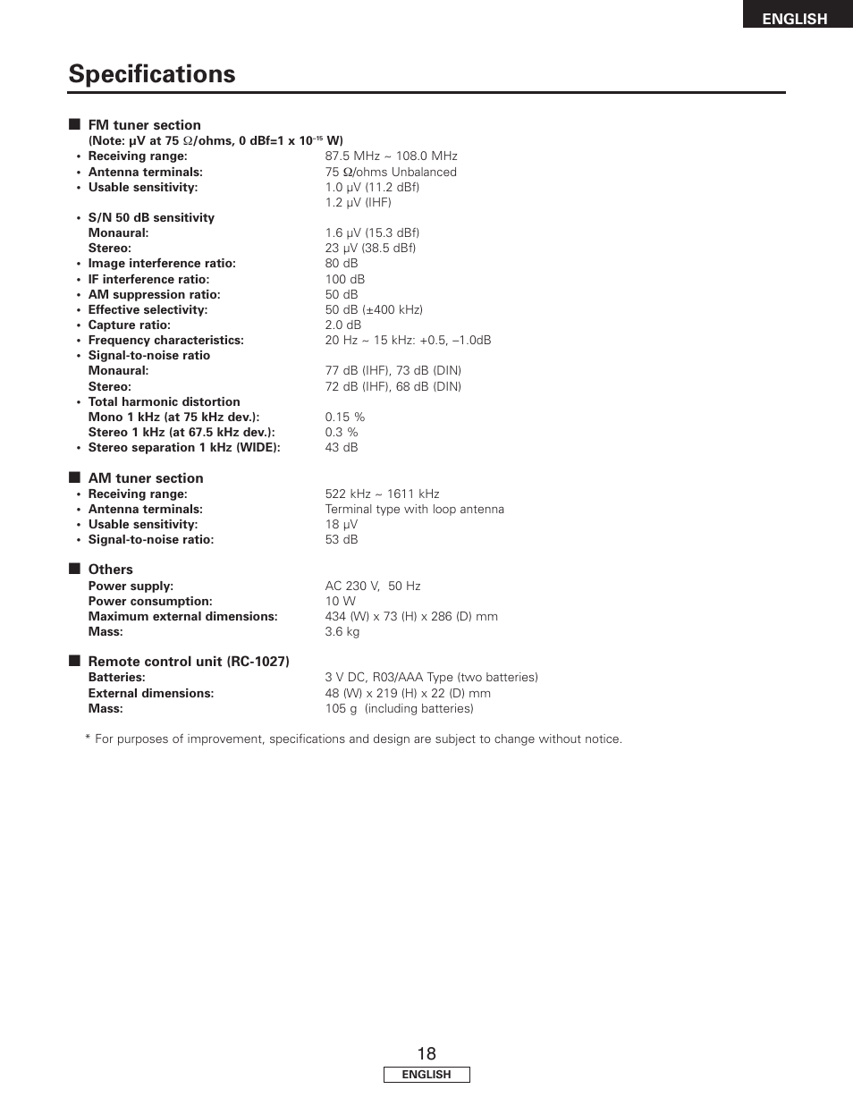 Specifications | Denon TU-1500AE User Manual | Page 23 / 134