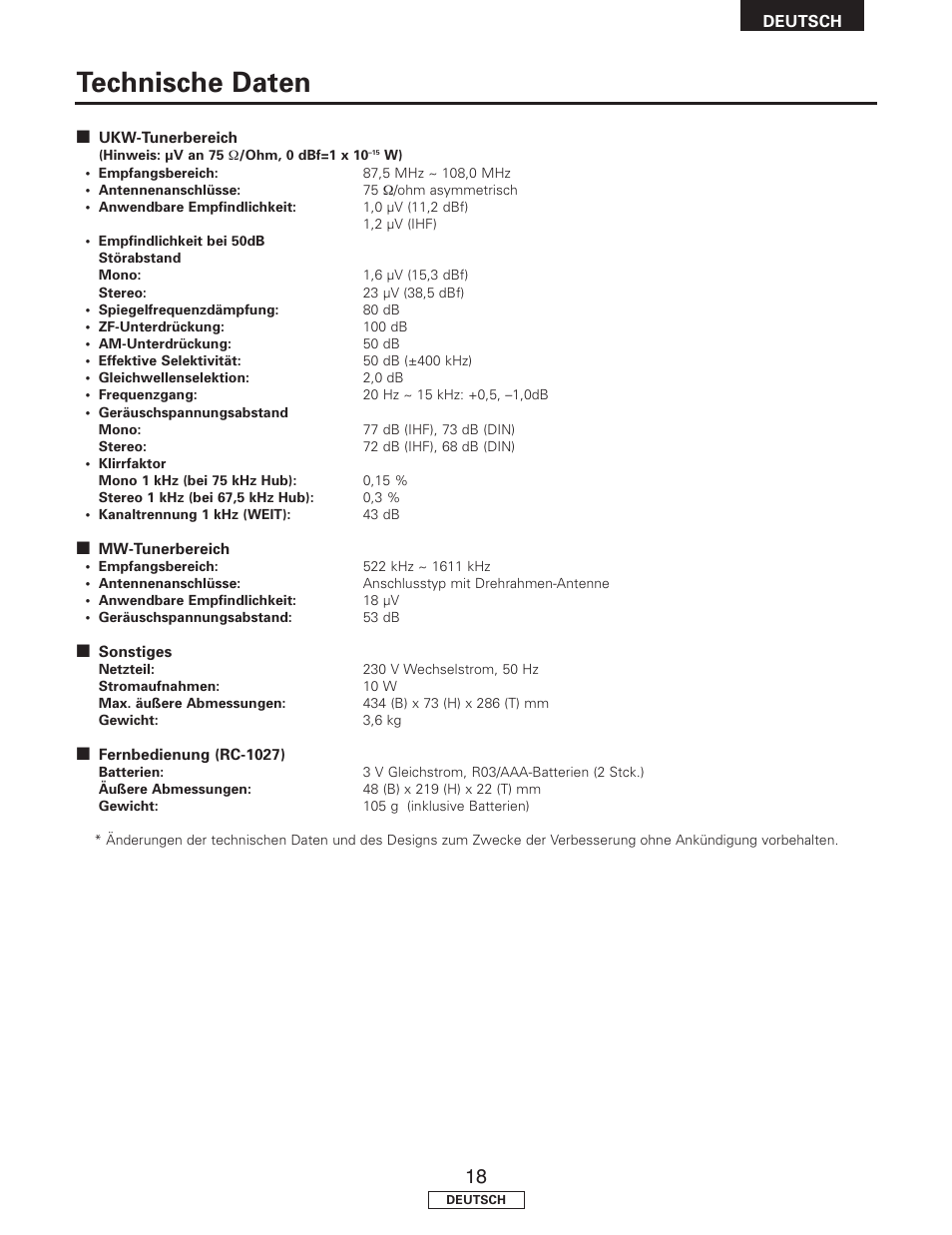 Technische daten | Denon TU-1500AE User Manual | Page 41 / 134