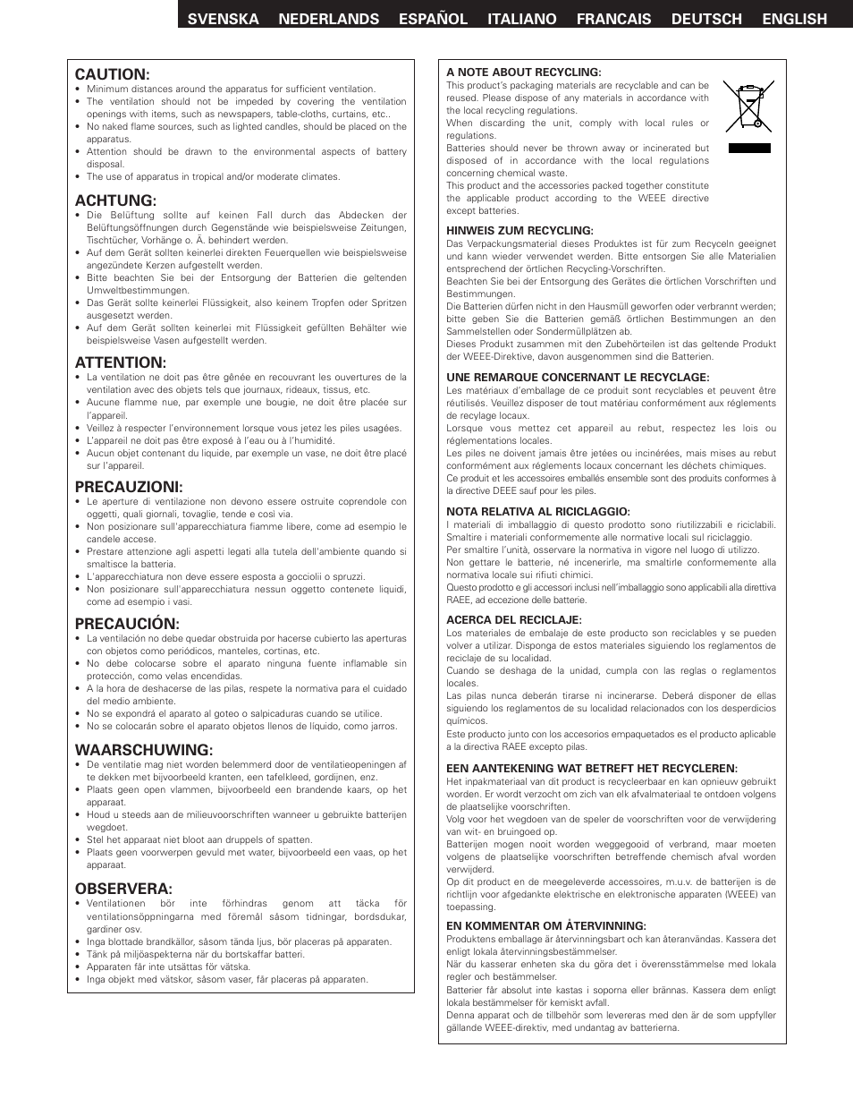 Caution, Achtung, Attention | Precauzioni, Precaución, Waarschuwing, Observera | Denon TU-1500AE User Manual | Page 5 / 134