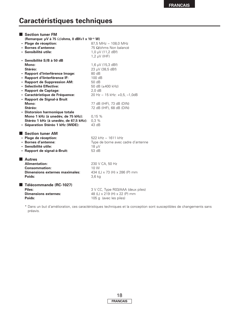 Caractéristiques techniques | Denon TU-1500AE User Manual | Page 59 / 134