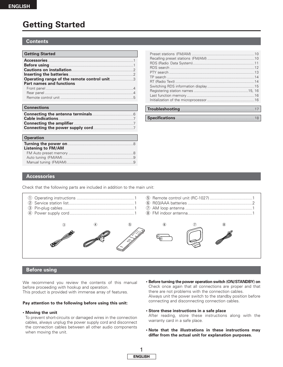 Getting started | Denon TU-1500AE User Manual | Page 6 / 134