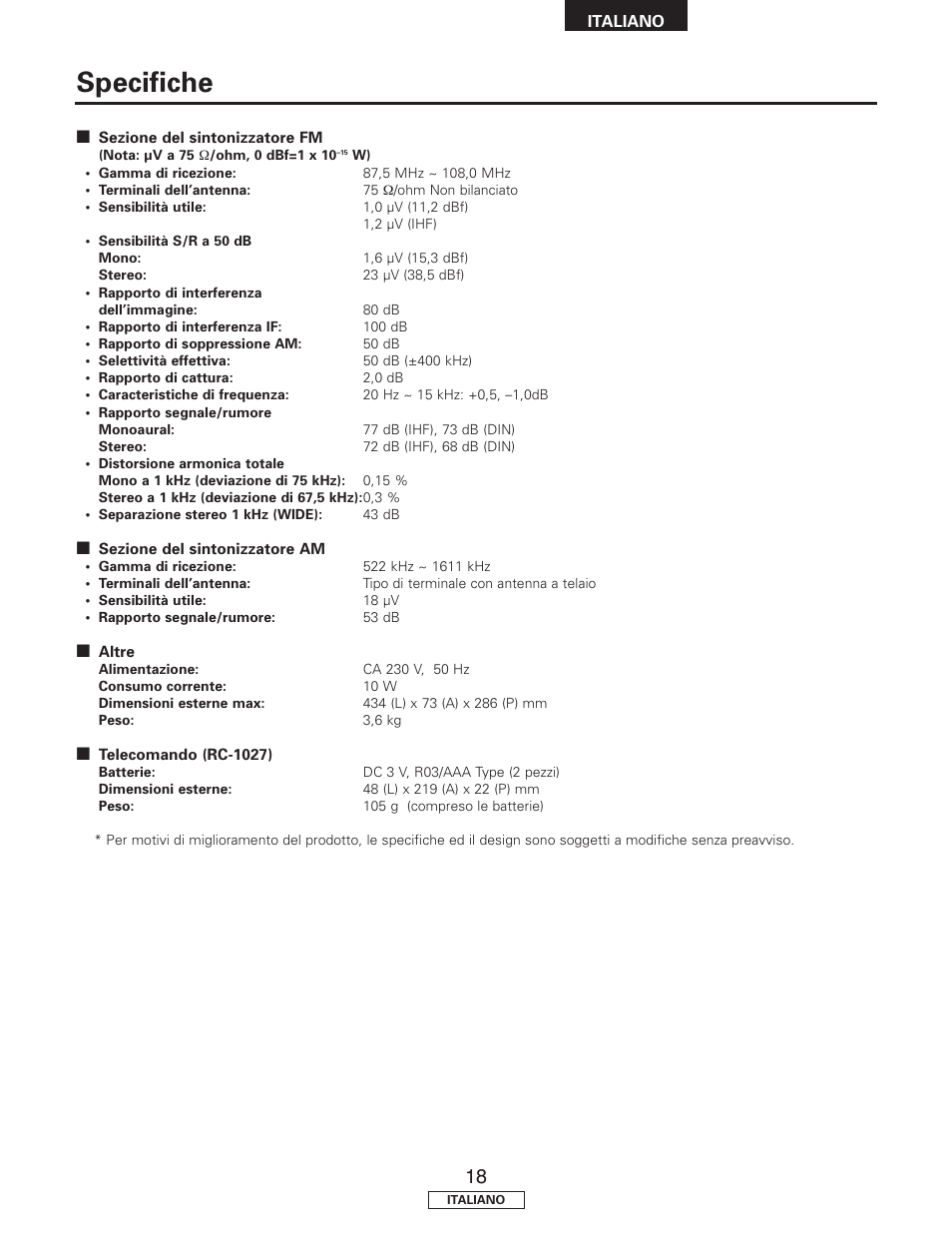 Specifiche | Denon TU-1500AE User Manual | Page 77 / 134