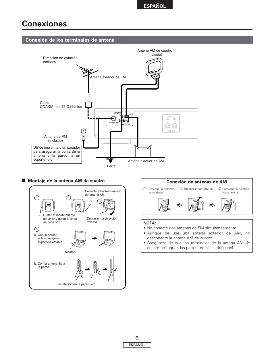 Conexiones, Conexión de los terminales de antena | Denon TU-1500AE User Manual | Page 83 / 134