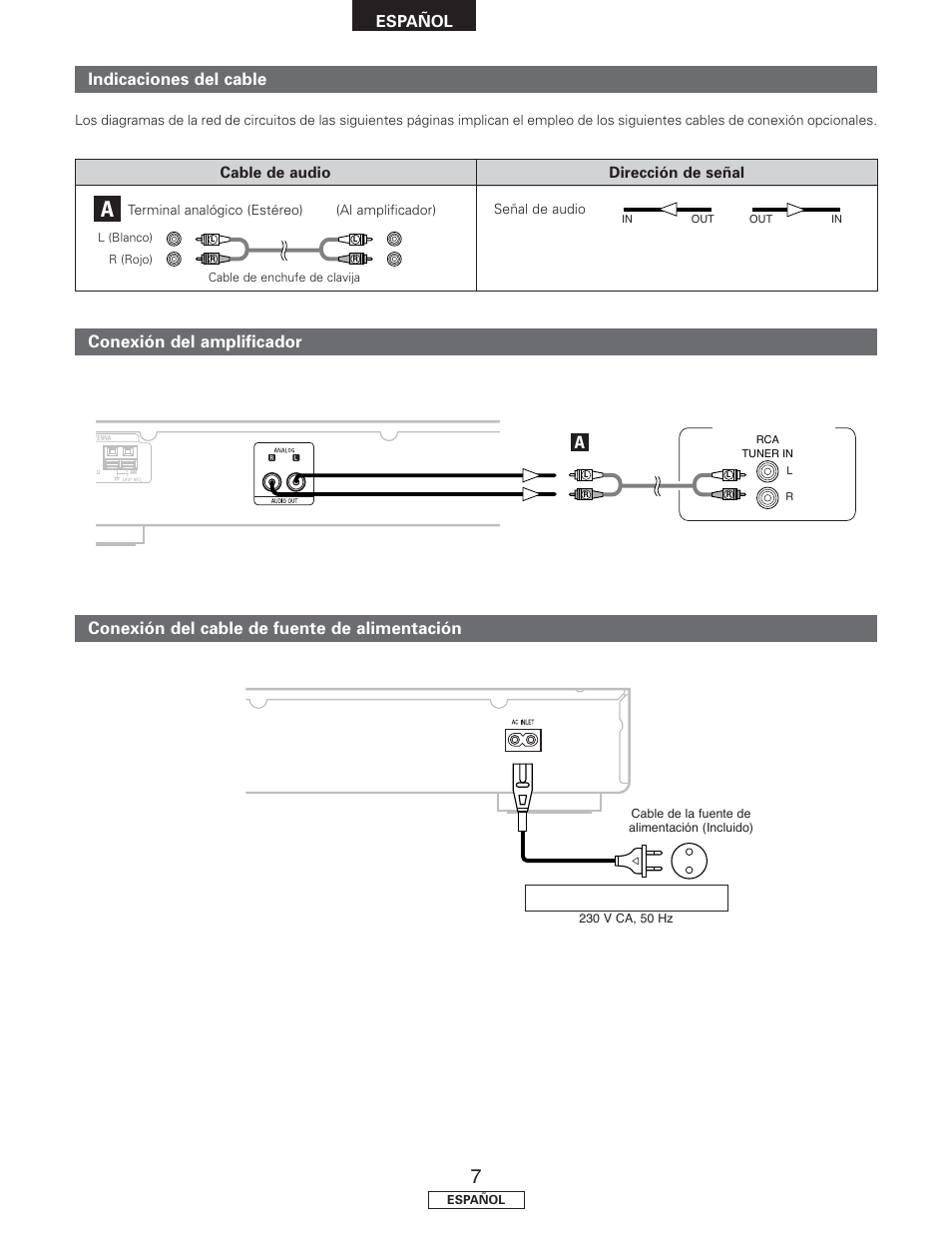 Indicaciones del cable, Conexión del amplificador a, Conexión del cable de fuente de alimentación | Español | Denon TU-1500AE User Manual | Page 84 / 134