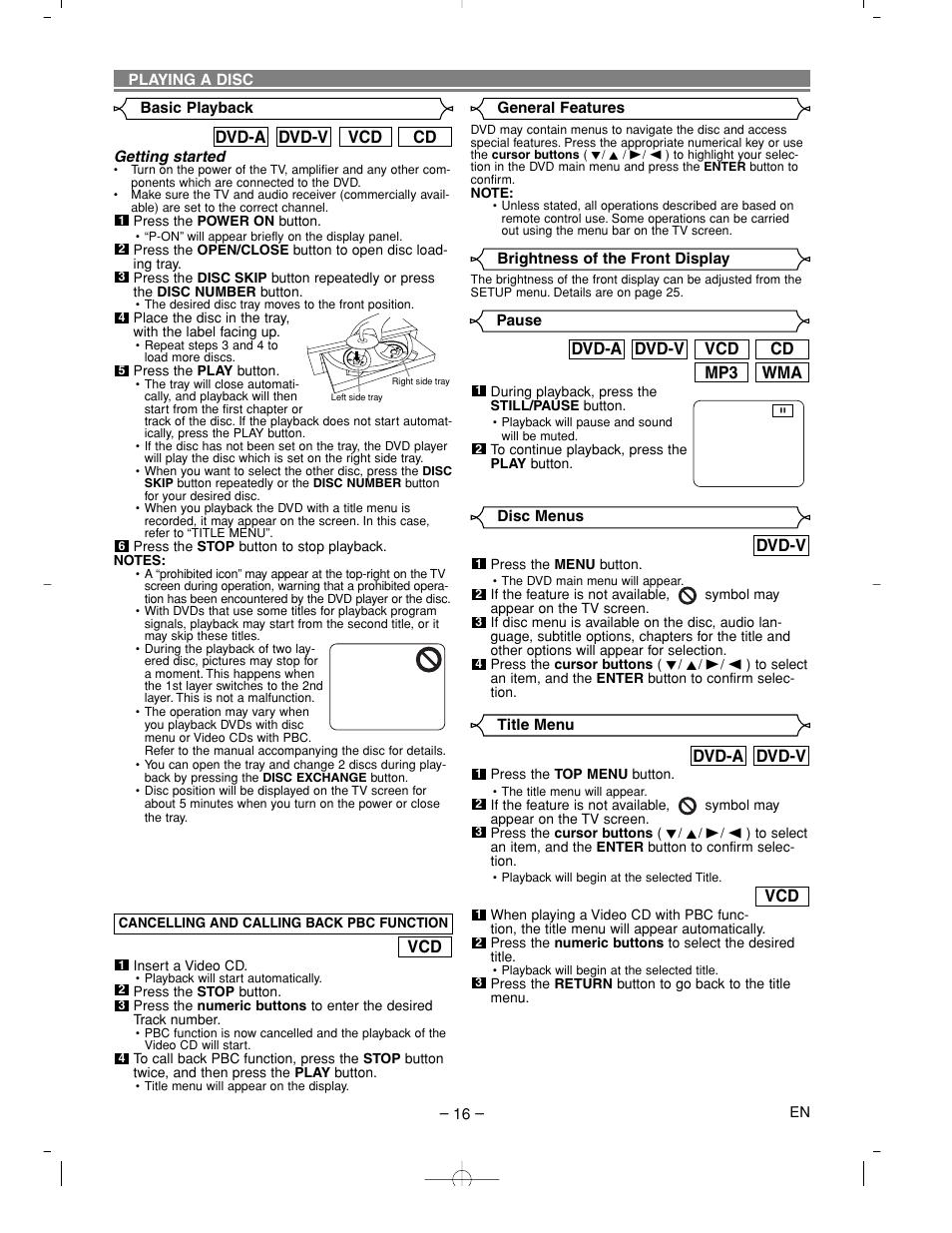 Wma mp3 cd vcd dvd-v dvd-a, Cd vcd dvd-v dvd-a, Dvd-v | Dvd-v dvd-a | Denon DVM-2815 User Manual | Page 16 / 92
