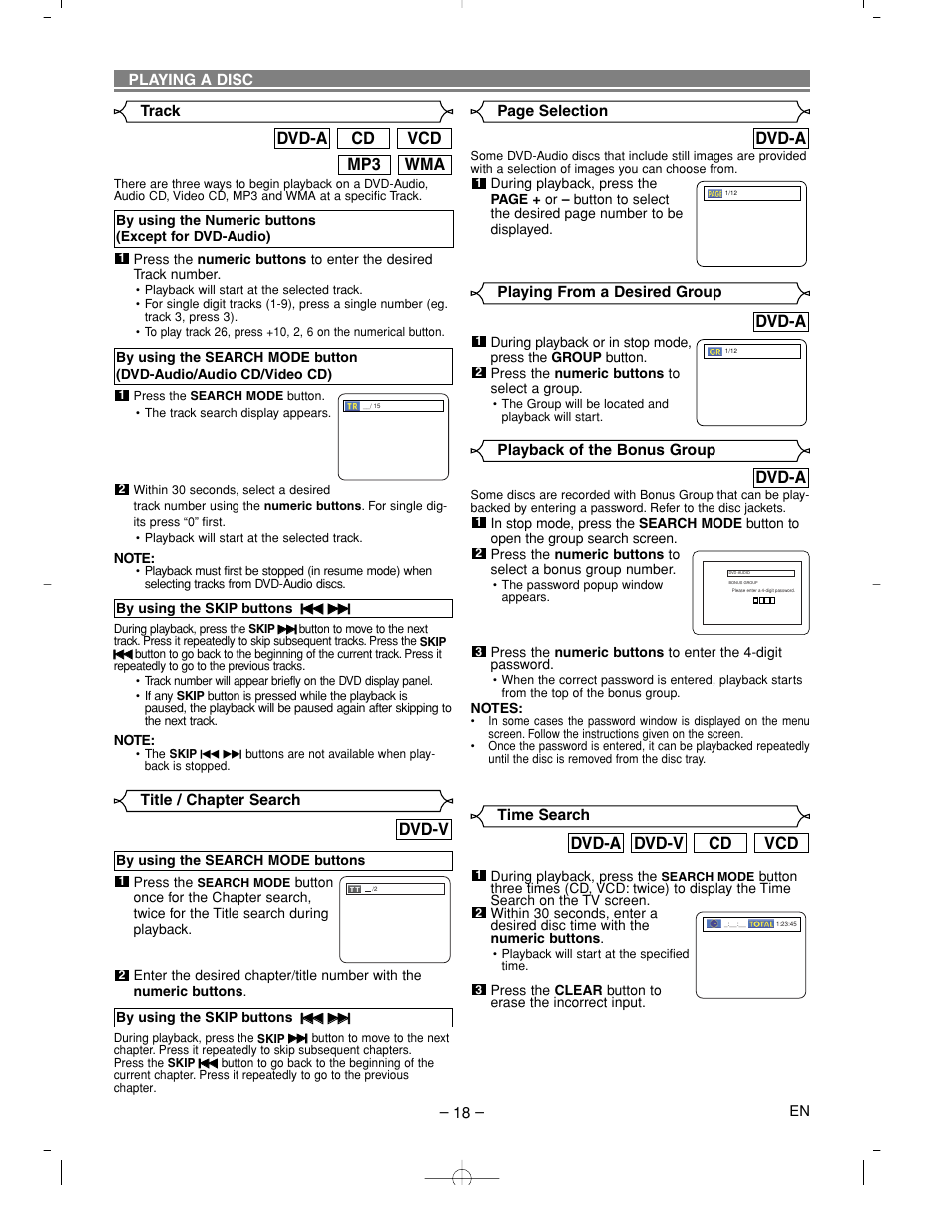 Wma mp3 vcd cd dvd-a, Dvd-v, Vcd cd dvd-v dvd-a | Dvd-a | Denon DVM-2815 User Manual | Page 18 / 92