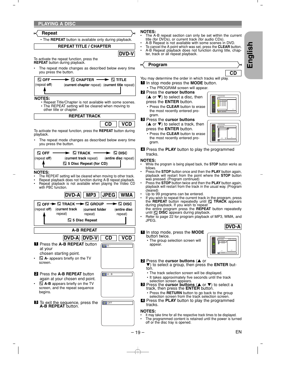English, Vcd cd dvd-v dvd-a, Vcd cd | Dvd-v, Wma jpeg mp3 dvd-a, Dvd-a | Denon DVM-2815 User Manual | Page 19 / 92