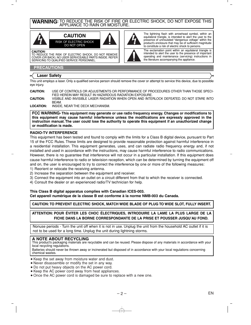 Warning, Caution | Denon DVM-2815 User Manual | Page 2 / 92