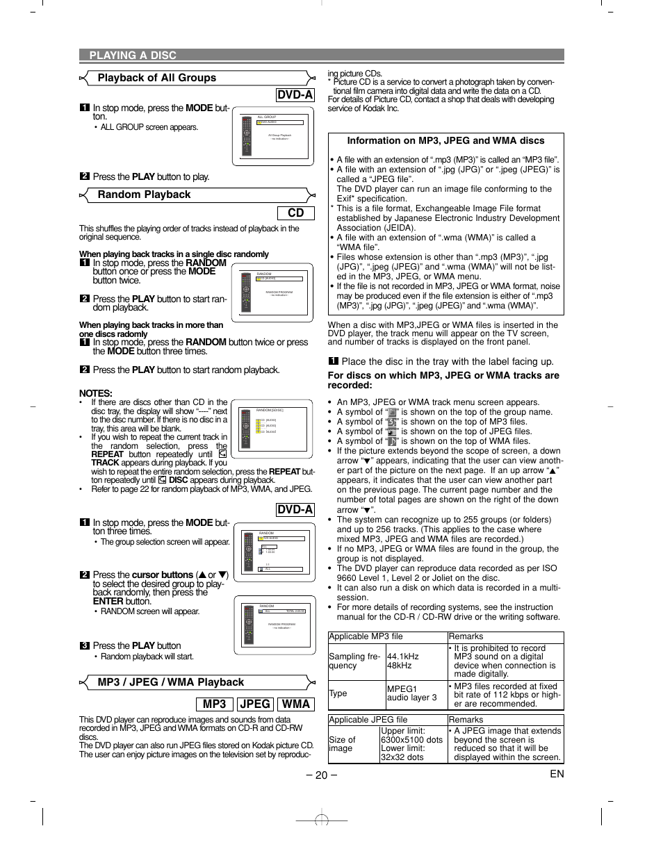Dvd-a, Wma jpeg mp3, Mp3 / jpeg / wma playback | Random playback, Playing a disc, Playback of all groups | Denon DVM-2815 User Manual | Page 20 / 92