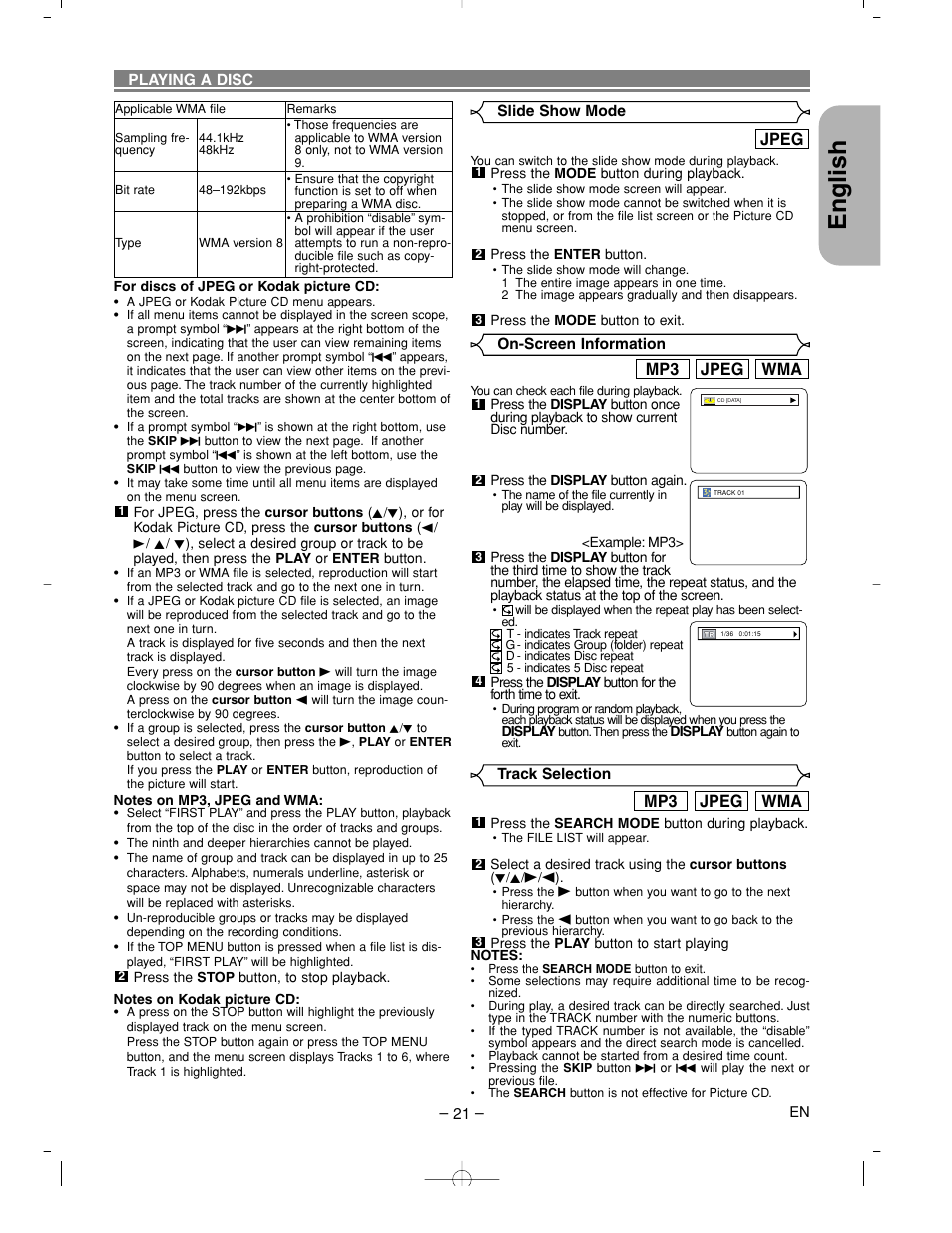 English, Wma jpeg mp3, Jpeg | Denon DVM-2815 User Manual | Page 21 / 92